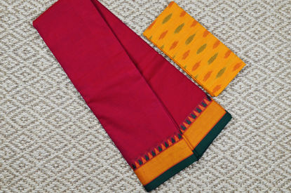 Picture of Red with Mustard Yellow and Green Border Plain Style Pure Kanchi Cotton saree