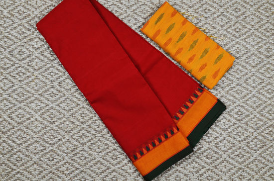 Picture of Red with Mustard Yellow and Bottle Green Border Plain Style Pure Kanchi Cotton saree