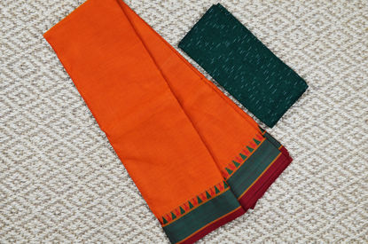Picture of Mustard Yellow with Green and Red Border Plain Style Pure Kanchi Cotton saree