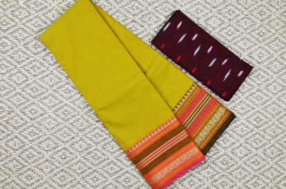 Picture of Olive Green and Peach 6 Inch Rudraksha and Peacock  Border Pure Kanchi Cotton saree