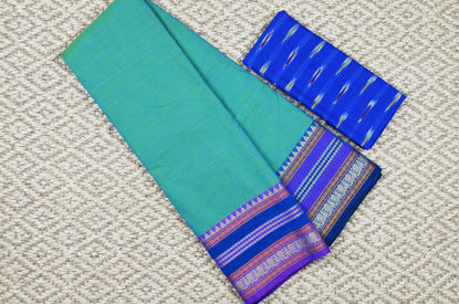 Picture of Dual Shade Peacock Green and Purple 6 Inch Rudraksha and Peacock  Border Pure Kanchi Cotton saree