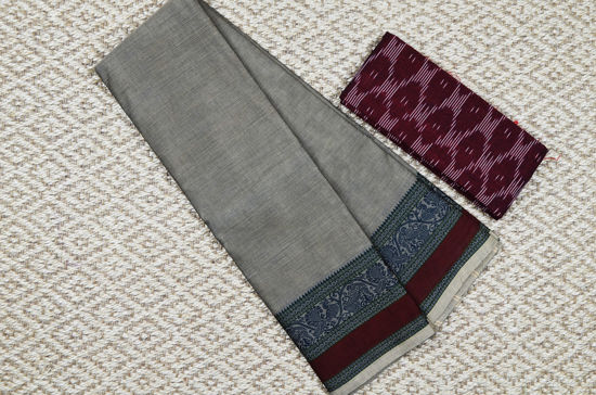 Picture of Grey with Black and Maroon 6 Inch Rudraksha and Peacock Border Pure Kanchi Cotton saree