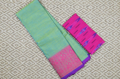 Picture of Mint with Pink and Purple 8 Inch Rudraksha and Peacock Border Pure Kanchi Cotton saree