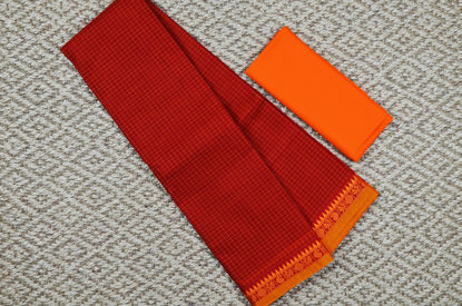 Picture of "Small Checks Red and Yellow Mango, Rudraksh and Peacock Border Pure Kanchi Cotton saree"