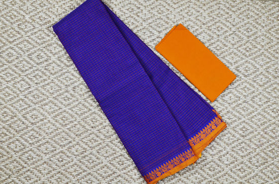 Picture of "Small Checks Purple with Mustard Yellow Mango, Rudraksh and Peacock Border Pure Kanchi Cotton saree"