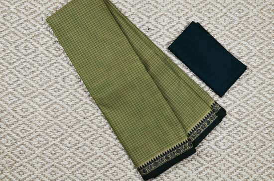 Picture of "Small Checks Mehandi Green with Bottle Green Mango, Rudraksh and Peacock Border Pure Kanchi Cotton saree"