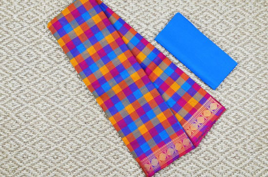 Picture of Multi Colour Checks Rudraksh Zari Border Pure Kanchi Cotton saree