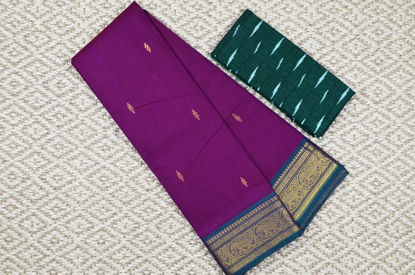 Picture of Magenta and Peacock Green Pure Kanchi Cotton Saree with Gold Zari Butta and Elephant Motifs Border