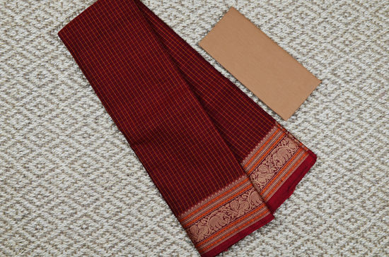 Picture of Small Checks Maroon and Beige Elephant and Peacock Border Pure Kanchi Cotton saree