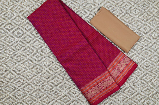 Picture of Small Checks Pink and Beige Elephant and Peacock Border Pure Kanchi Cotton saree