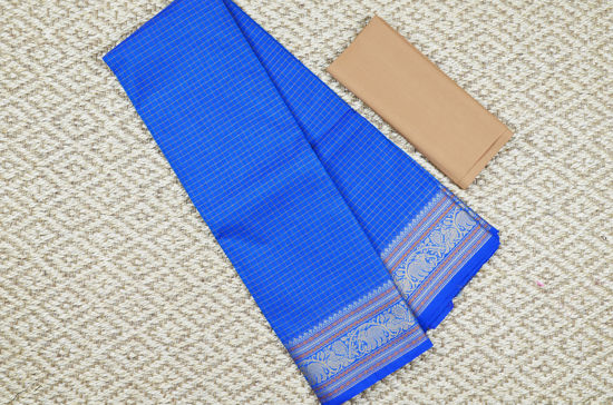 Picture of Small Checks Royal Blue and Beige Elephant and Peacock Border Pure Kanchi Cotton saree