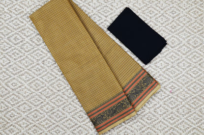 Picture of Small Checks Beige and Black Elephant and Peacock Border Pure Kanchi Cotton saree