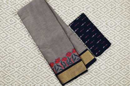 Picture of Grey and Black with Red Floral Motifs and Zari Kaddi Border Pure Kanchi Cotton saree