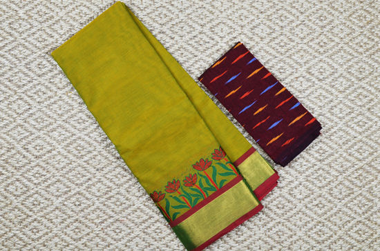 Picture of Olive Green and Maroon with Red Floral Motifs and Zari Kaddi Border Pure Kanchi Cotton saree