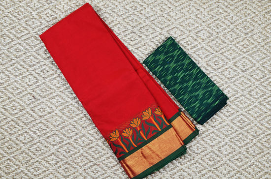 Picture of Red and Bottle Green with Yellow Floral Motifs and Zari Kaddi Border Pure Kanchi Cotton saree