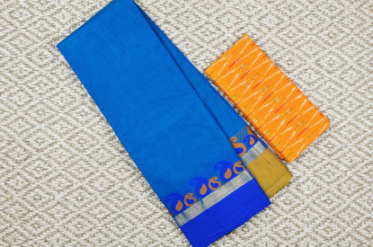 Picture of Peacock Blue with Royal Blue and Mustard Yellow Mango Motifs and Zari Kaddi Ganga Jamuna Border Pure Kanchi Cotton saree