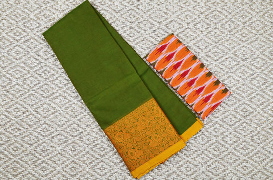 Picture of Mehandi Green with Mustard Yellow 8 Inch Rudraksha and Peacock Border Pure Kanchi Cotton saree