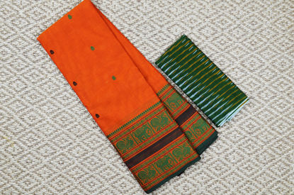 Picture of "Melon Orange with Green 8 Inch Elephant, Peacock and Rudraksha Border and Butta Pure Kanchi Cotton saree"