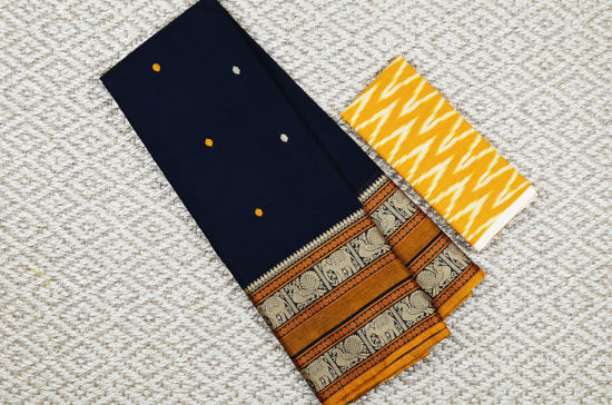 Picture of "Black with Mustard Yellow 8 Inch Elephant, Peacock and Rudraksha Border and Butta Pure Kanchi Cotton saree"