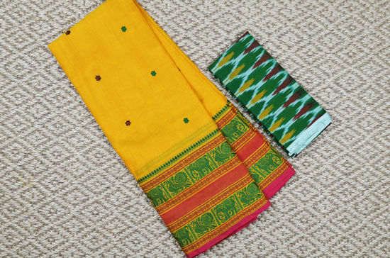 Picture of "Yellow with Green 8 Inch Elephant, Peacock and Rudraksha Border and Butta Pure Kanchi Cotton saree"