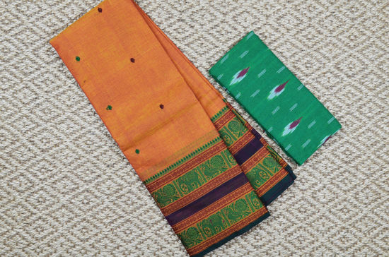 Picture of "Orange with Green 8 Inch Elephant, Peacock and Rudraksha Border and Butta Pure Kanchi Cotton saree"