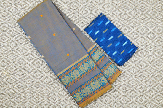 Picture of "Dual Shade Orange with Peacock Blue 8 Inch Elephant, Peacock and Rudraksha Border and Butta Pure Kanchi Cotton saree"