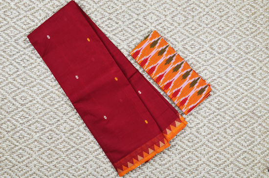 Picture of Maroon with Mango Yellow Small Temple Border and Butta Pure Kanchi Cotton saree