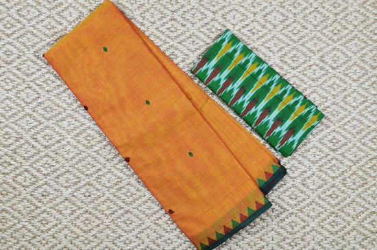 Picture of Dual Shade Orange with Bottle Green Small Temple Border and Butta Pure Kanchi Cotton saree