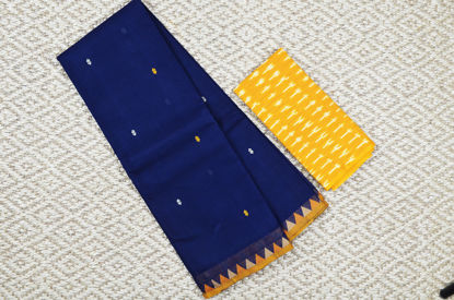 Picture of Navy Blue with Mustard Yellow Small Temple Border and Butta Pure Kanchi Cotton saree