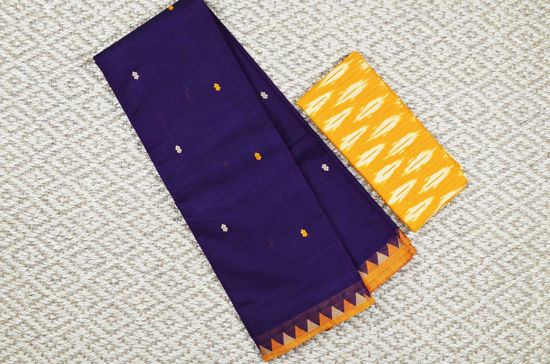 Picture of Purple and mustard Yellow Small Temple Border and Butta Pure Kanchi Cotton saree