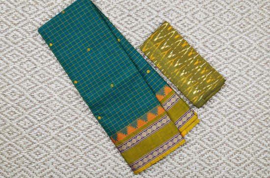 Picture of Green and Olive Green Checks Pure Kanchi Cotton saree withTemple and Rudraksh Border