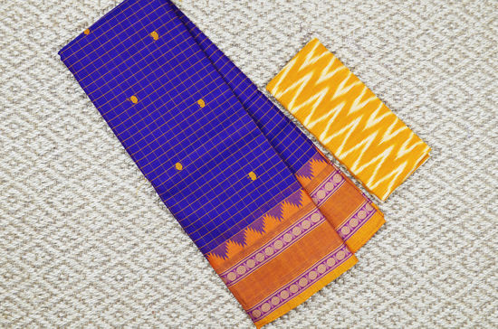 Picture of Purple and Mustard Yellow Checks Pure Kanchi Cotton saree withTemple and Rudraksh Border