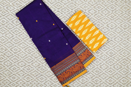 Picture of "Purple and Mustard Yellow with Rich Pallu and 6 Inch Mango, Rudraksha and Peacock Border Pure Kanchi Cotton saree"