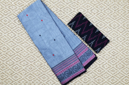 Picture of "Grey, Black and Red with Rich Pallu and 6 Inch Mango, Rudraksha and Peacock Border Pure Kanchi Cotton saree"