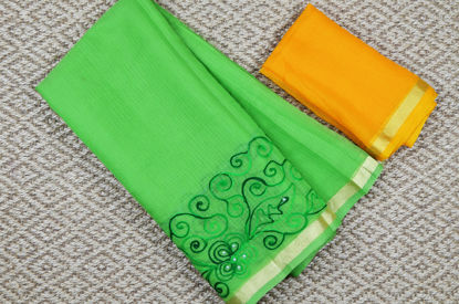 Picture of Parrot Green Aari Embroidery Work Kota Doria Silk Cotton Saree