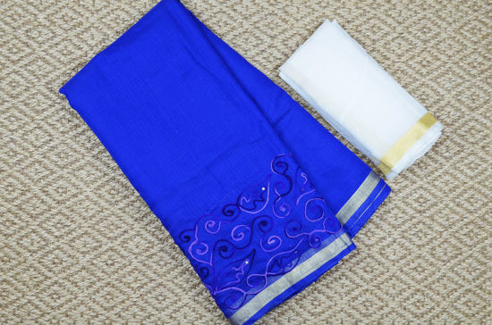 Picture of Royal Blue Aari Embroidery Work Kota Doria Silk Cotton Saree