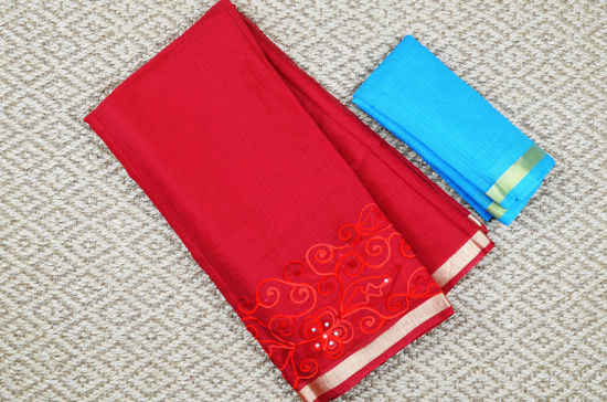 Picture of Red Aari Embroidery Work Kota Doria Silk Cotton Saree