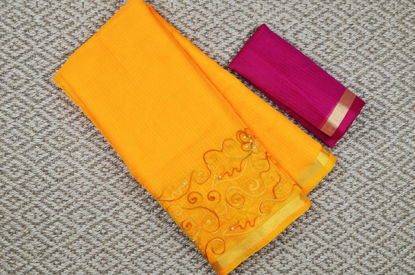 Picture of Mustard Yellow Aari Embroidery Work Kota Doria Silk Cotton Saree