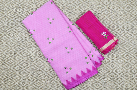 Picture of Baby Pink Embroided Kota Doria Silk Cotton Saree with Printed Border