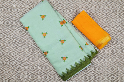 Picture of Mint and Yellow Embroided Kota Doria Silk Cotton Saree with Printed Border