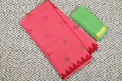 Picture of Peach and Mint Embroided Kota Doria Silk Cotton Saree with Printed Border