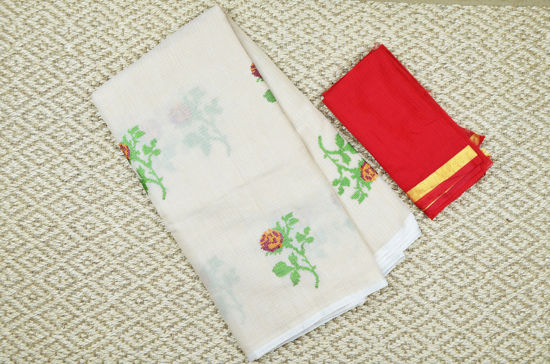 Picture of Beige and Red Embroided Kota Doria Silk Cotton Saree