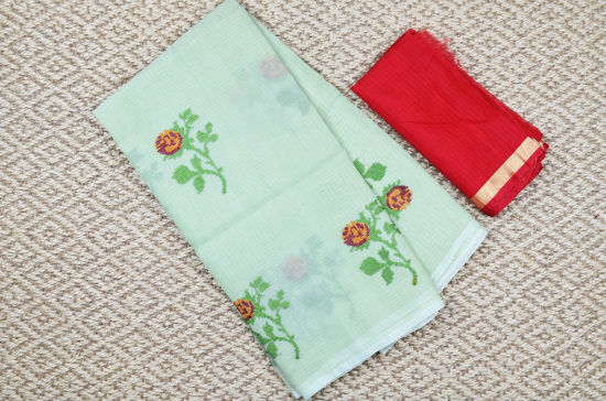 Picture of Mint and Brick Red Embroided Kota Doria Silk Cotton Saree