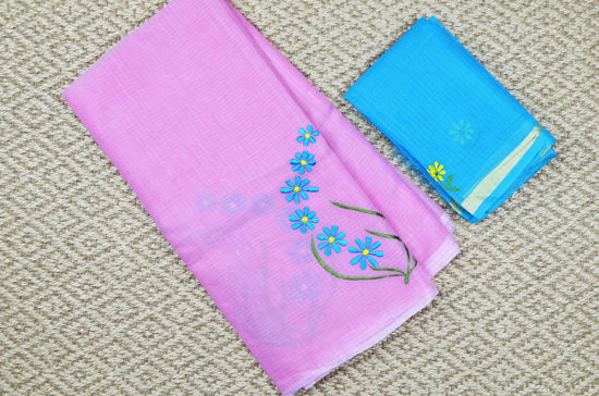 Picture of Baby Pink and Blue Embroided Kota Doria Silk Cotton Saree
