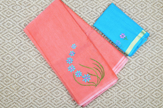 Picture of Peach and Blue Embroided Kota Doria Silk Cotton Saree