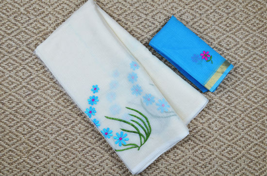 Picture of Ivory White and Blue Embroided Kota Doria Silk Cotton Saree