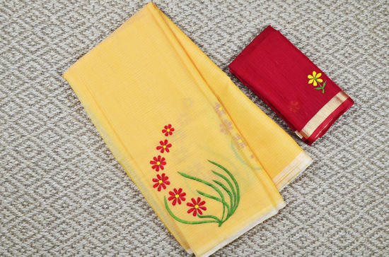 Picture of Mango Yellow and Red Embroided Kota Doria Silk Cotton Saree