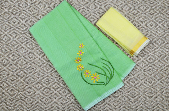Picture of Pista Green and Lemon Yellow Embroided Kota Doria Silk Cotton Saree