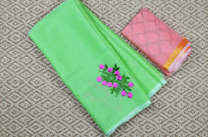 Picture of Parrot Green Embroided Kota Doria Silk Cotton Saree