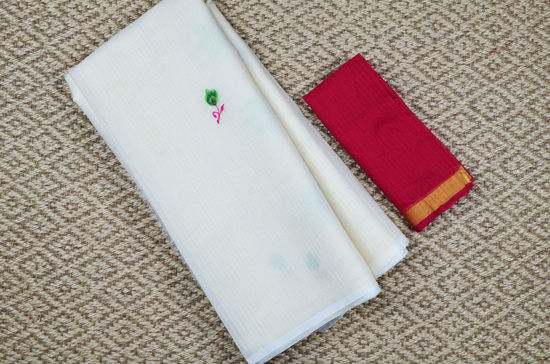 Picture of Ivory White and Pink Embroided Kota Doria Silk Cotton Saree